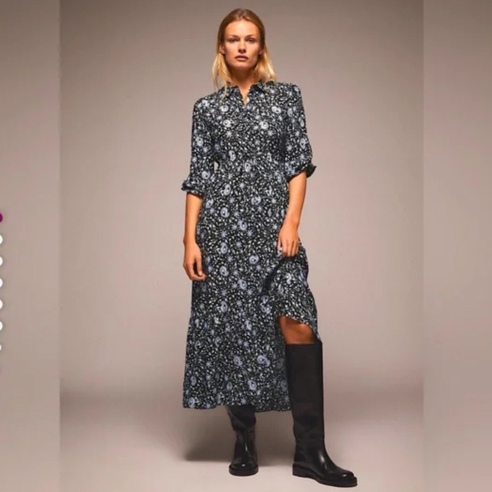 Zara dress XS black and blue floral with tie waist
